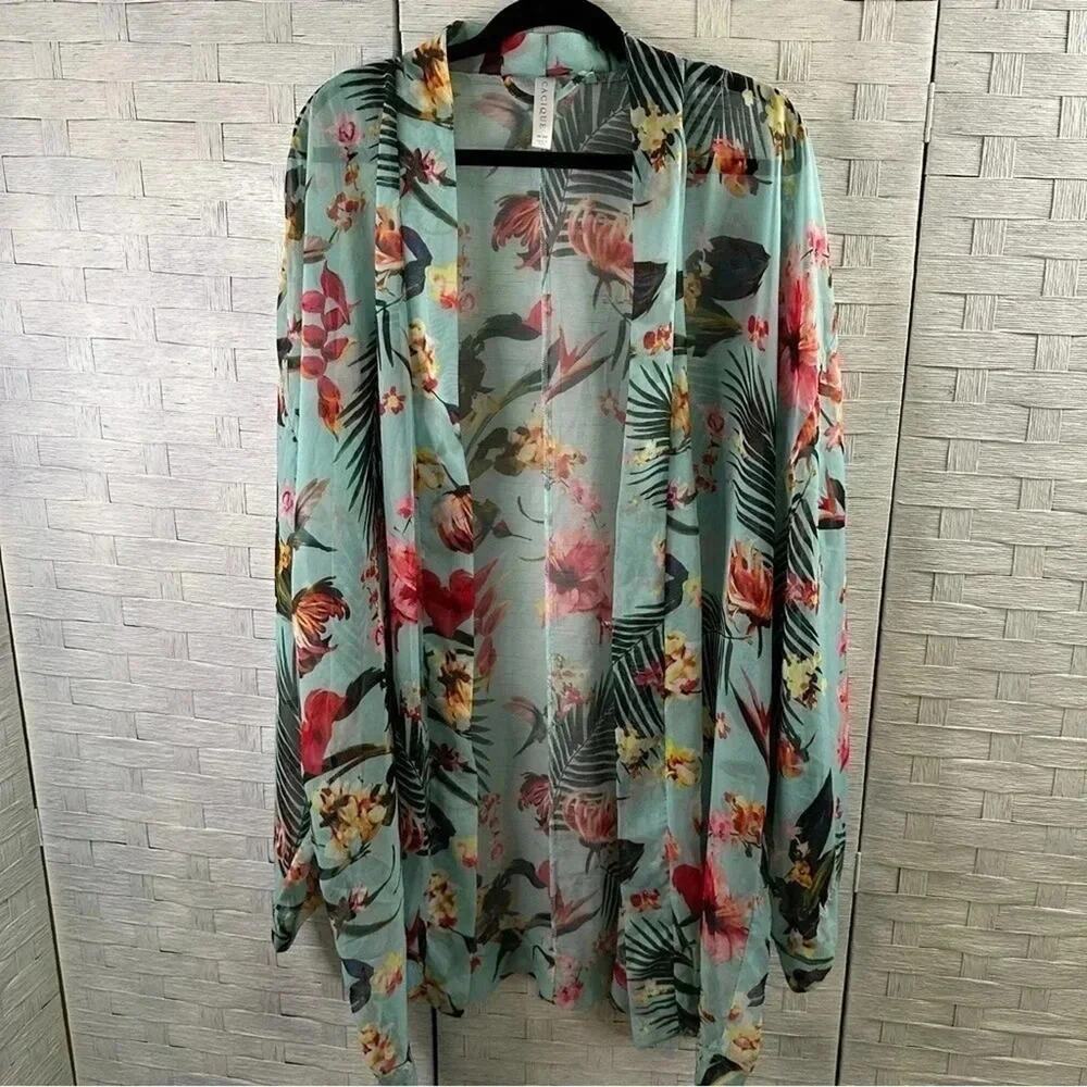 Lane Bryant Womens Cacique sheer tropical cover-up, teal‎ with tropical flowers